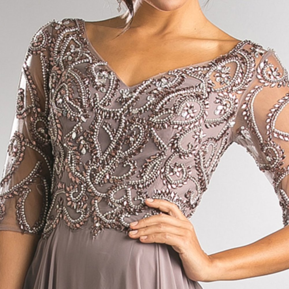 NEW FORMAL A-LINE MOTHER OF BRIDE CHIFFON DRESS W/ SHEER 3\4 SLEEVES AC 7046 - Picture 4 of 8